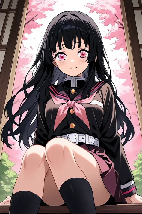  Generate a black-haired girl in the style of Kimetsu no Yaiba with her hunter's uniform, The black hair with orange his pink eyes, 