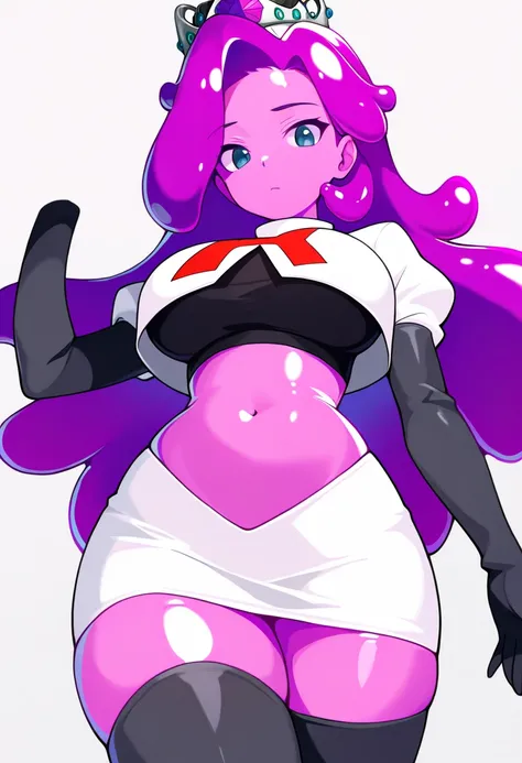 masterpiece, best quality, 1girl, solo, looking at viewer, queenslime, long hair, crown, colored skin, slime girl, large breasts, curvy, purple hair, team rocket,team rocket uniform,white skirt,red letter R,crop top,black thigh-highs,black elbow gloves, co...