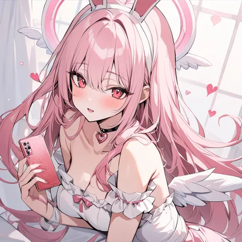 ,playing mobile game々）Valentine,  sexy innocent beauty, heart shaped choker, (masterpiece, highest quality), cupid archer art, beautiful and aesthetic: 1.2), (1 girl), very detailed, (valentine art: 1.3), pink white red colorful、pink  long hair、red eyes, b...