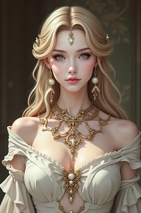  a close up of a woman wearing a necklace, WHITE PORCELAIN SKIN, Blonde princess,  work of art in the style of Guweiz,  a beautiful fantasy empress , guweiz, anime girl in real life, (( a beautiful fantasy empress )), pale white porcelain skin , Guweiz&#39...