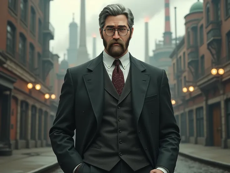 Create a Russian mobster from 1899,  with an elegant suit , round glasses,  gray hair.  full body costume. 1899 industrial city fund