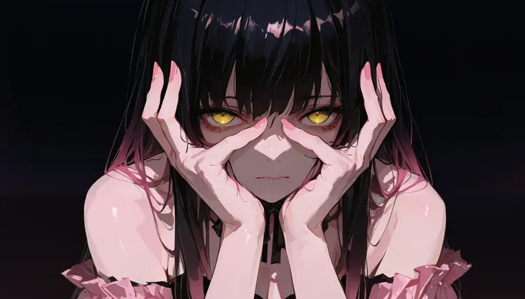 top quality , masterpiece, 748cm style , 1 girl, , viewers, , gradient hair, black hair, long hair, yellow eyes , dark pink off shoulders top, shoulder, standing, looking at viewer, dark background, hands in face, perfect hands, beautiful nails