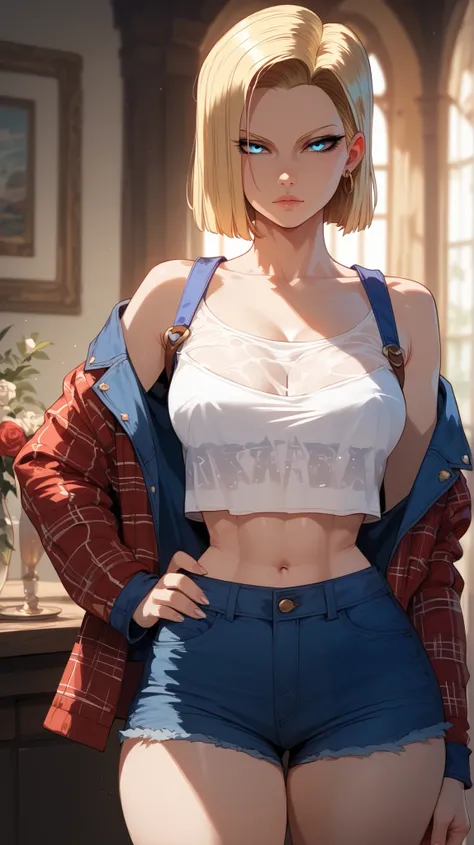 Android 18 style,  perfect eyes,  perfectly sexy face, ultra detailed,  ultra perfect eyes ,  big beautiful woman , standing, dark blue shorts, Body,  Looking at the viewer,