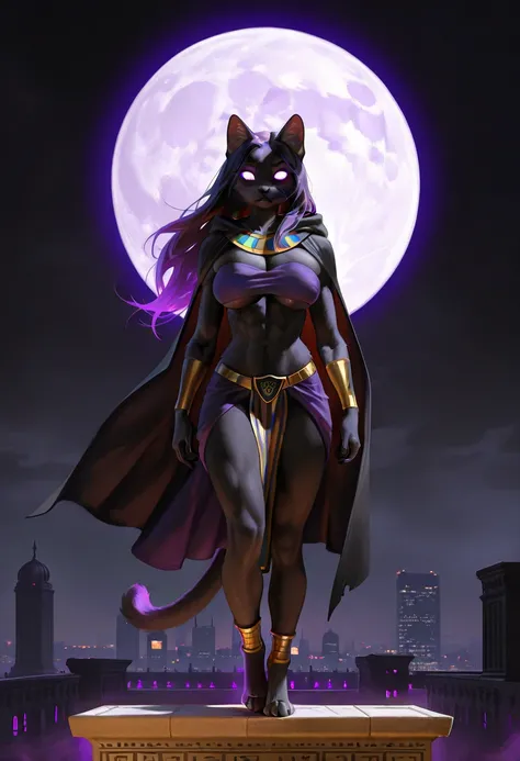 oil painting, photorealistic, no humans, furry, an anthro black cat on the roof of a skycraper, skyline of london, hood down,cape, purple bandeau, egyptian clothes, large breasts, (all purple glowing eyes without pupils), all black fur, furry female, anthr...