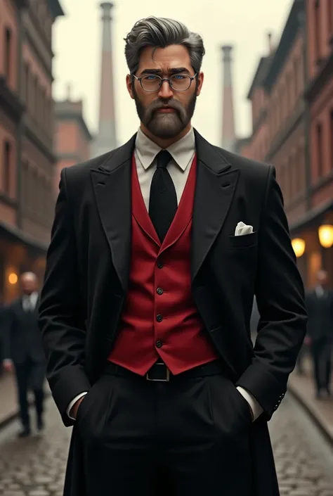 Create a Russian mobster from 1899, with an elegant suit in black colors, red t-shirt with red t-shirt and black tie, round glasses,  gray hair.  full body costume. 1899 industrial city fund