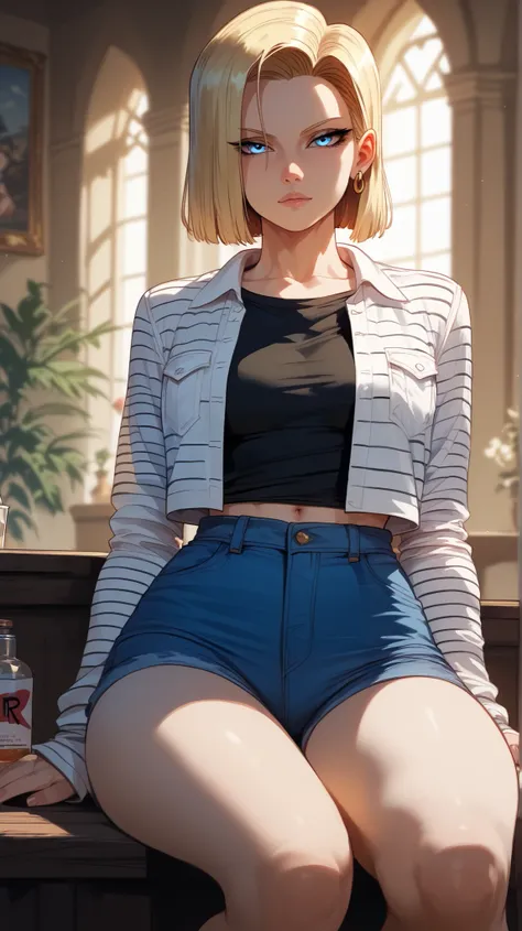 Android 18 style,  perfect eyes,  perfectly sexy face, ultra detailed,  ultra perfect eyes ,  big beautiful woman , sitting, dark blue shorts, Body,  Looking at the viewer,