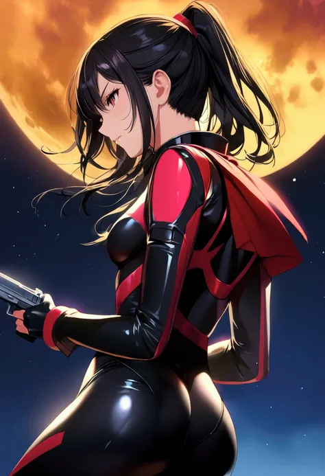 1. Pretty Girl Agent , Black hair, pistol,  PONYTAIL,  Shiny Bodysuit, night,  Beautiful Moon Background 