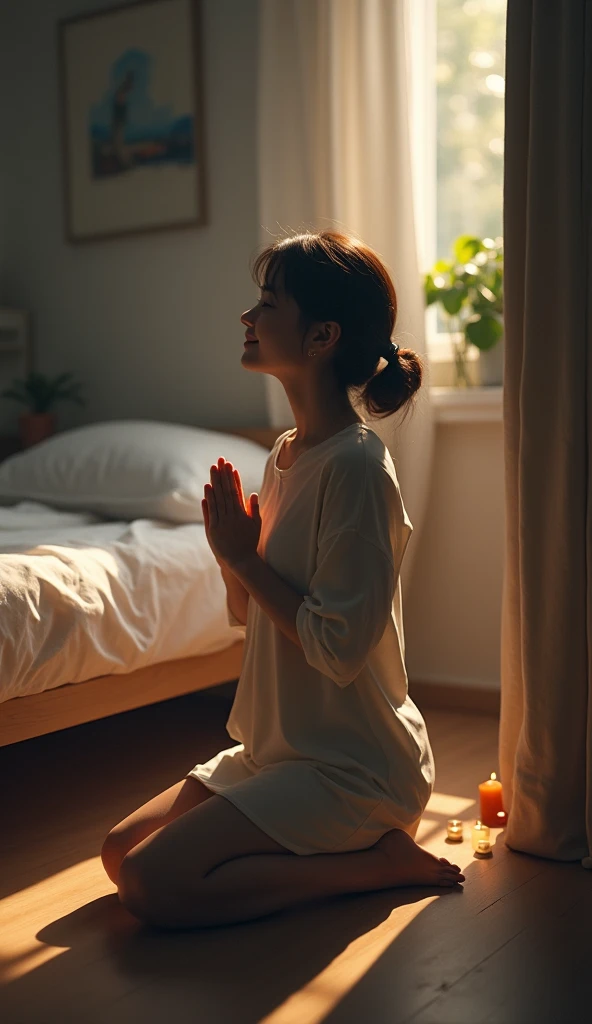 Images of someone praying kneeling on the floor next to your bed and finding peace,  with a sincere smile 