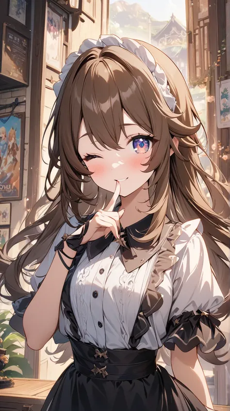 walnut(  Genshin Impact ),  female 1 person,   Brown Long Hair , Effects Eyes 、 Beautiful Graphics 、  best quality、 confident smile 、 gradation shirt that Furakana has 、  is standing、  close one eye、,  Poster/  Magazine Illustration Effects , Lovely Scener...