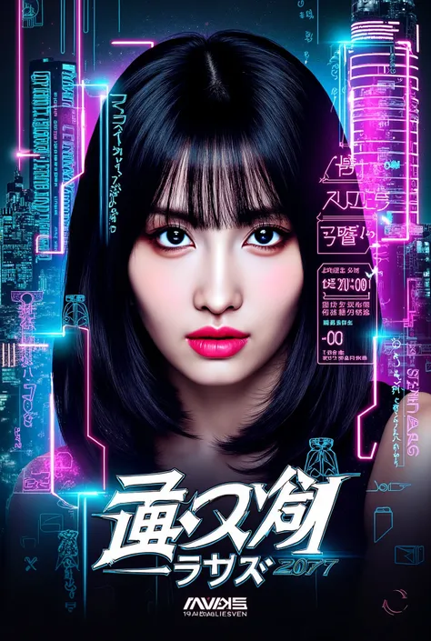 modern logo Woman cyberpunk 2077 ícon hyper details, Japanese writings, momo, Twice.
