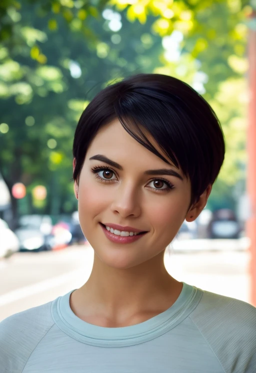 (best quality, ultra-detailed, photorealistic: 1.39), Face of Lois Lane, bright and vibrant colors, studio lighting, romantic expression, Perfect big breasts, cute white long sleeves, jeans, very Short black hair, tomboyish hairstyle, bob style, bangs flow...