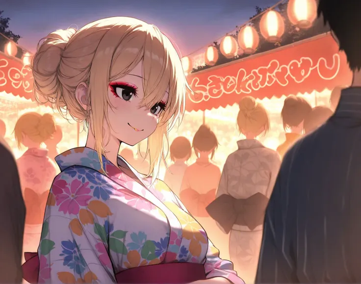 happy smile,  hair between eyes,　blonde hair, One Girl, black eyes,  makeup, hair bun, yukata, upper body,  summer festival, dusk, crowded street, colorful yukatas,  food stalls, masterpiece, best quality,