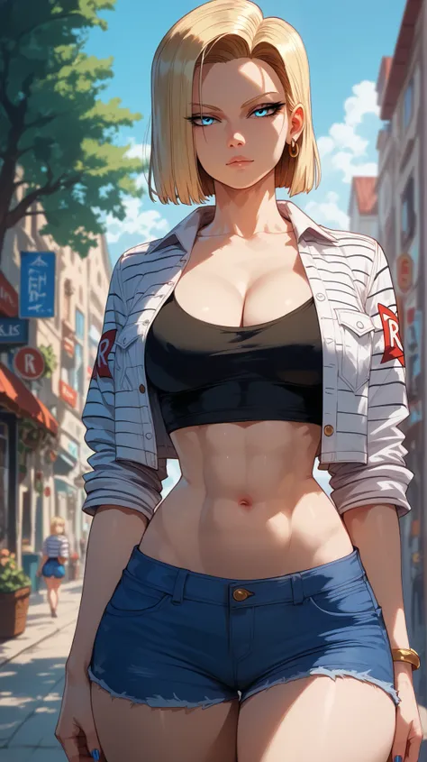 Android 18 style,  perfect eyes,  perfectly sexy face, ultra detailed,  ultra perfect eyes ,  big beautiful woman , standing, dark blue shorts, Body,  Looking at the viewer,