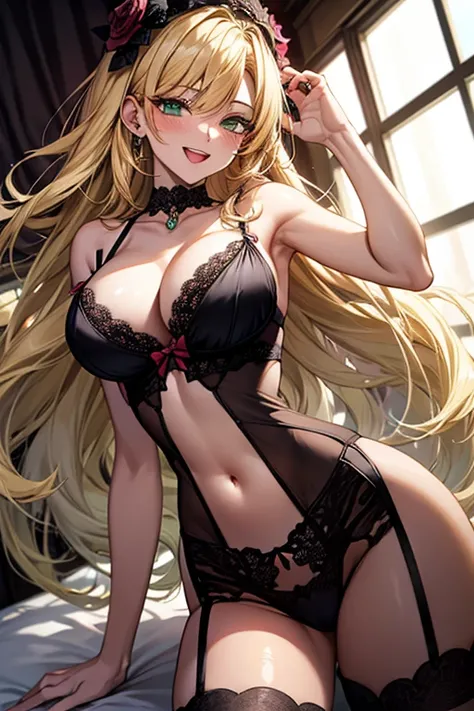 Flower Circlet,,ANIME_rosemon_yugiho_ownwaifu,(((black color rose print sexy lingerie))), ((Best Quality)), ((Masterpiece)), (detailed), perfect faces, (((blonde hair1.5))), green eyes, large breast, sexy, smile, ,hotel bedroom, Anime Face、A kind smile、Ope...