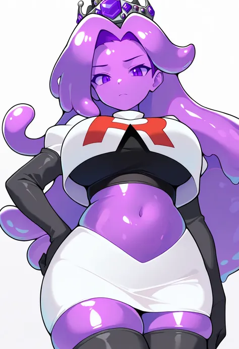 masterpiece, best quality, 1girl, solo, looking at viewer, queenslime, long hair, crown, colored skin, slime girl, large breasts, curvy, purple hair, team rocket,team rocket uniform,white skirt,red letter R,crop top,black thigh-highs,black elbow gloves, co...