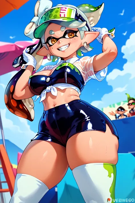  High resolution,  masterpiece,  The best quality, Marie, Splatoon inkling , big figure,  long, shapely legs ,  good body proportions of bust and butt, sweet smile, vestimenta de latex ajustado de negro, sola, pose provocativa, de frente, cuerpo curvilineo...