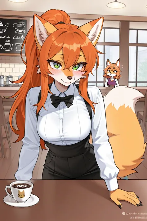  Sexy fox  , with a cute cheeky face , a small fox with a sexy figure ,  Furry Lysychka,  with green eyes, with a redhead ,  cafe, god, with a perfect sexy slender girl with straight medium breasts ,  with a beautiful ponytail with long eyelashes ,  with t...