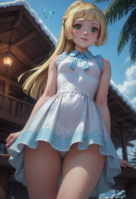 score_9, score_8_up, score_7_up, 1girl, solo, beautiful waifu, thicc, ((Lillie_pokemon:1.2)), long hair, blonde hair, french braid, ponytail, Big green eyes, wearing (collared dress, white dress, transparent outlines, pastel blue outlines, sleeveless, tigh...