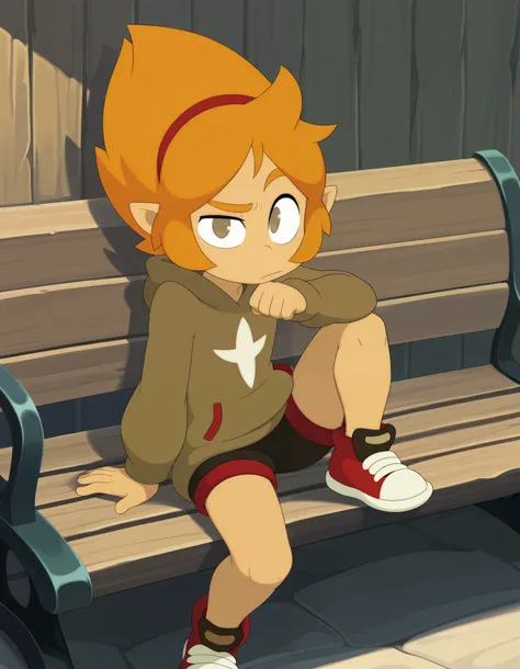 illuelely, Elely (Wakfu), masterpiece,best quality,amazing quality, 1girl, solo, pointy ears, orange hair, short hair, hairband, brown eyes, denim shorts, hoodie, long sleeves, sneakers, raised eyebrow, sitting, bench, knee up, looking at viewer,