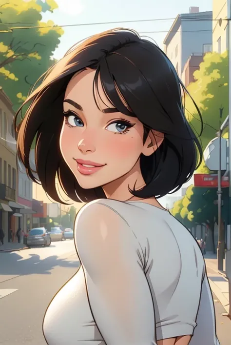 (best quality, ultra-detailed, photorealistic: 1.39), Face of Lois Lane, bright and vibrant colors, studio lighting, romantic expression, Perfect big breasts, cute croptop, long sleeves, jeans, Short black hair, tomboyish hairstyle, bob style, bangs flowin...