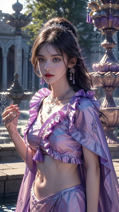 8K, UHD, Masterpiece, 1 girl, good face, detailed eyes, (long hair:1.5), ((frill cut filibeg)) ((purple clothing)), ((Frill Tassel)), ((frill cape)), ((frill)), ((navel)), ((metal lacing)), ((necklace)), ((tassel)), ((earring)), ((water fountain)), ((in th...