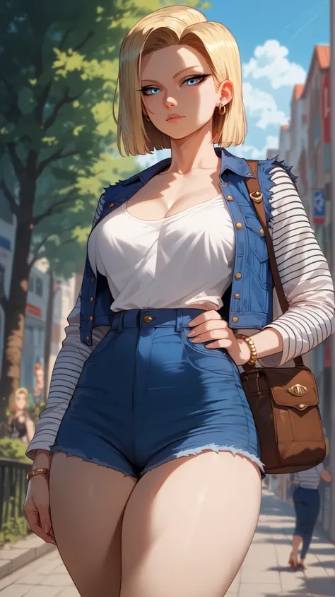 Android 18 style,  perfect eyes,  perfectly sexy face, ultra detailed,  ultra perfect eyes ,  big beautiful woman , standing, dark blue shorts, Body,  Looking at the viewer,