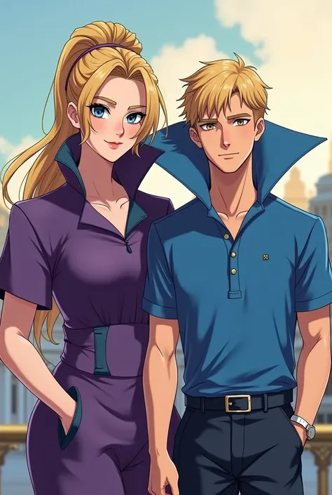 Anime Beautiful Blonde Queen Mother wearing a Purple Polo with her Husband Emperor he's wearing a Blue Massive Popped Collar Polo with a collar so high it's taller than his head