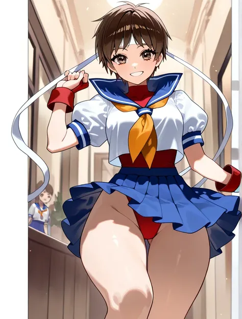 ((Sakura Kasugano)), (( masterpiece )), (( High resolution)), ((retrato Alone)), {( attractive figure ), (wide thighs), (pechos grandes),(short brown hair), (beautiful brown eyes), ( long eyelashes ), (happy smile)}, ( visible thighs), ((rear grande)),(( S...