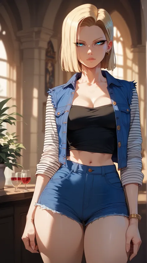 Android 18 style,  perfect eyes,  perfectly sexy face, ultra detailed,  ultra perfect eyes ,  big beautiful woman , standing, dark blue shorts, Body,  Looking at the viewer,