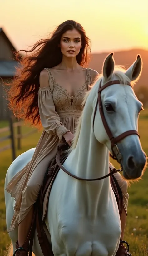 "A stunningly beautiful woman with long, flowing dark hair and piercing blue eyes, riding a magnificent white horse through a serene countryside at sunset. She is wearing an elegant yet simple dress resembling that of a countryside maiden, with flowing fa...