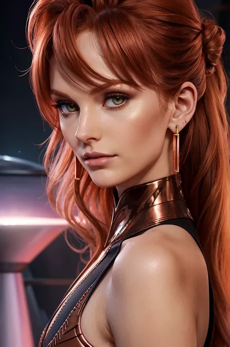 futuristic earrings, kiper, real skin, segolily nose, (narrow face), slender face, lupine, tribe of ephraim, irish genes, dark hazel eyes, scottish nose, lioness fox, cyberposh, [high forehead], (beady hazel eyes:1.2), brown slightly ginger, feminine energ...