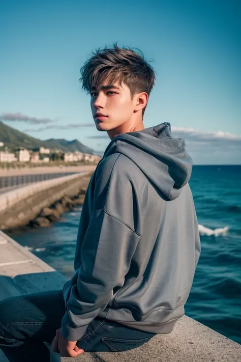 ( absurd ,  high resolution,  very detailed), masterpiece,top quality, Light and Shadow, male, He's a young man ,Short Trimmed Hair , silver hair,Dark Grey Hair, shiny hair,  Hooded Hoodie Oversize, Denim jeans,back view ,Unreal, handsome,I can't see my fa...