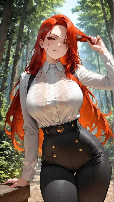  one girl,  Thousands of angry  , Guilty Geer , city pants. A man in a cowboy suit shot, forest,  put his hand on his ear , medium to large breasts ,  parted lips , seductive smile , بنطلون مدينة, ,,  Great painting,   best quality ,  Amazing quality ,  de...