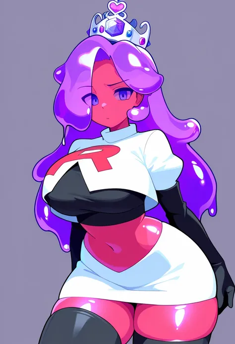 masterpiece, best quality, 1girl, solo, looking at viewer, queenslime, long hair, crown, colored skin, slime girl, large breasts, curvy, purple hair, team rocket,team rocket uniform,white skirt,red letter R,crop top,black thigh-highs,black elbow gloves, co...