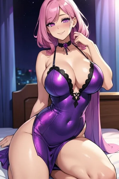 Perfect face. Perfect hand. A pink haired woman with violet eyes and an hourglass figure in a sexy dress is posing sexily on bed with a big smile and a blush
