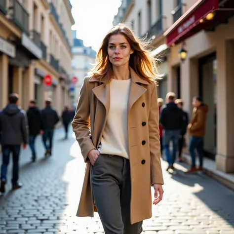 Une jeune femme rousse, à la peau claire et aux yeux bleus perçants, marche avec assurance dans une rue pavée, baignée par la lumière douce d’un après-midi d’hiver. Elle porte un manteau long en laine beige, ouvert pour révéler une tenue élégante et modern...