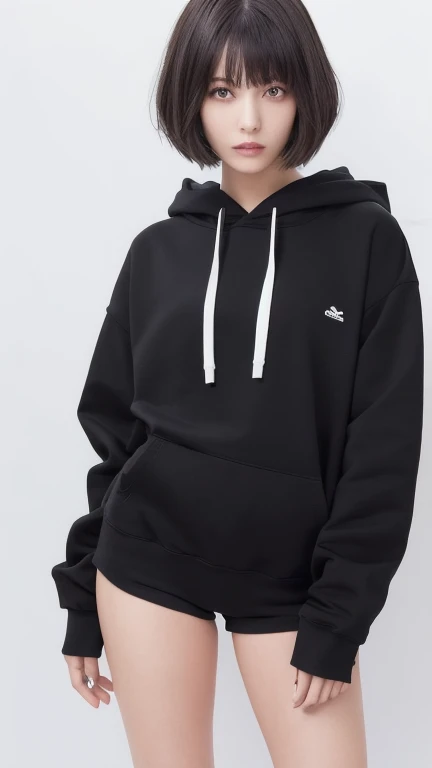 A photo-realistic shoot from a full body camera angle about a young woman wearing a black oversized hoodie with a white square design, paired with white shorts and black knee-high socks. the image also shows a plain light grey background and a watermark in...