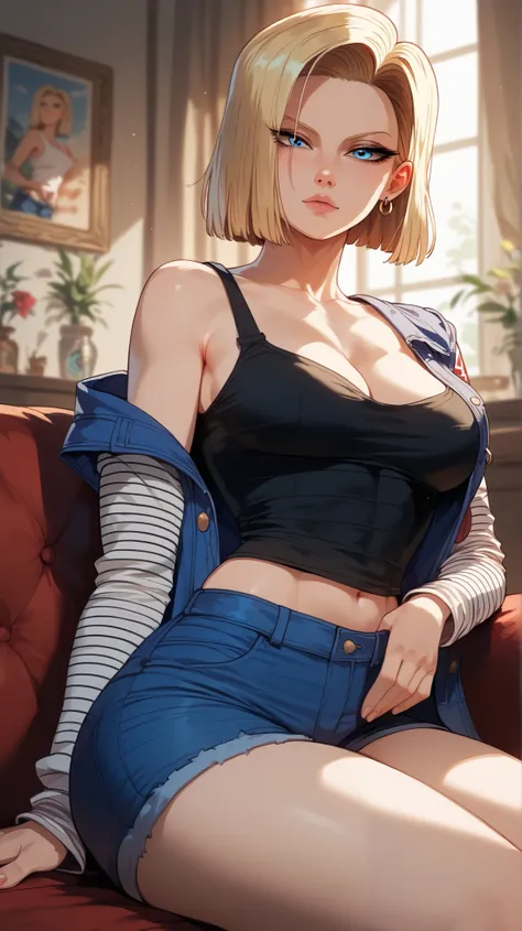 Android 18 style,  perfect eyes,  perfectly sexy face, ultra detailed,  ultra perfect eyes ,  big beautiful woman , sitting, dark blue shorts, Body,  Looking at the viewer,