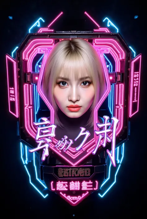 modern logo Woman cyberpunk 2077 ícon hyper details, Japanese writings, momo, Twice. short blonde hair