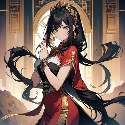 (masterpiece, best quality:1.2), anima style, !!1 women!!, !!!black hair!!!, ((solo)), perfect anatomy, very long hair , !!!black hair!!!, green eyes, good-looking women, golden and red chinese clothes, ultra long skirt