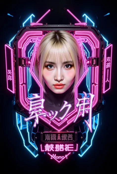 modern logo  Woman cyberpunk 2077 ícon hyper details, Japanese writings, momo, Twice. short blonde hair