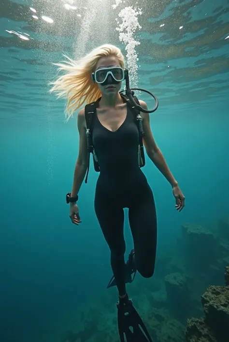  Young seductive diver girl,  blonde ,  diving wetsuit , diving equipment, flippers , swimming goggles, oxygen regulator , oxygen cylinder, Girl swimming in the sea 