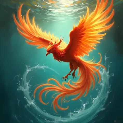 a bird with wings is flying through the water, a photo by Ren Renfa, tumblr, fantasy art, phoenix rising, phoenix rising from the ashes, ''wallpaper of a phoenix, phoenix in fire, fire and water, energy flows of water and fire, orange fire/blue ice duality...