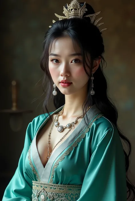  Generate an image of beautiful young Chinese woman goddess sensual , Infernal queen ,  an overwhelming beauty and feerica ,  extremely thin, Bai Lu,  posing differently ,  in a dark room environment in Driftmark ,  large and bulky breasts ,   black hair ,...