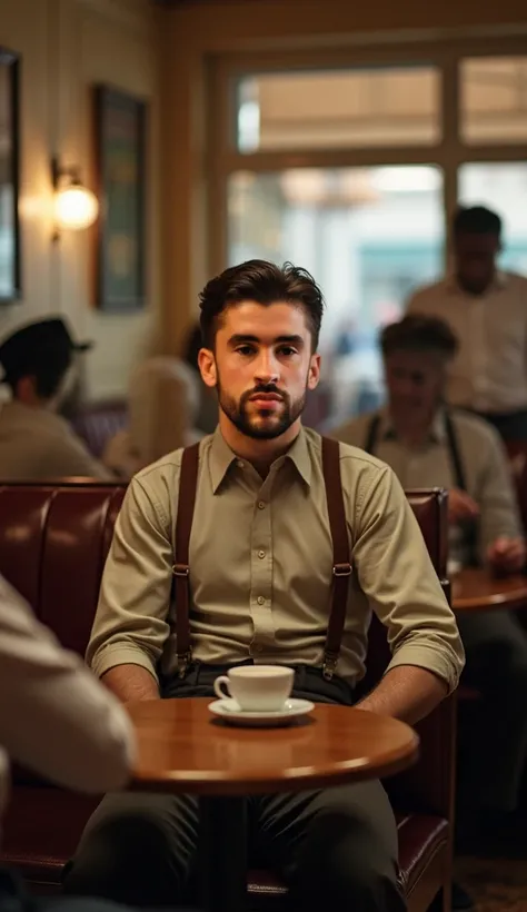 Place the attached person in a 1930s café or diner. Keep his facial features and hairstyle exactly the same. Dress him in period-appropriate attire, such as a shirt with suspenders. Seat him at a small wooden table with a coffee cup, surrounded by other pa...