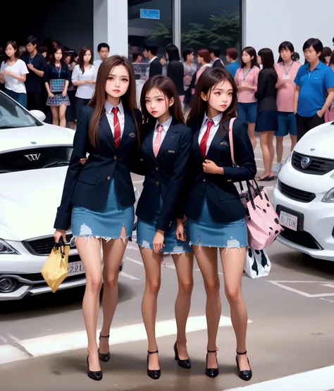 2 beauty women, standing posed at parking lot, cars, crowd, one carrying pink tote bag, (+forehead, dark-brown long hair), ((black-blue long sleeves blazers, dark-gray collared shirts, reddish-orange neckties), navy-blue denim pencil skirts, black flatshoe...