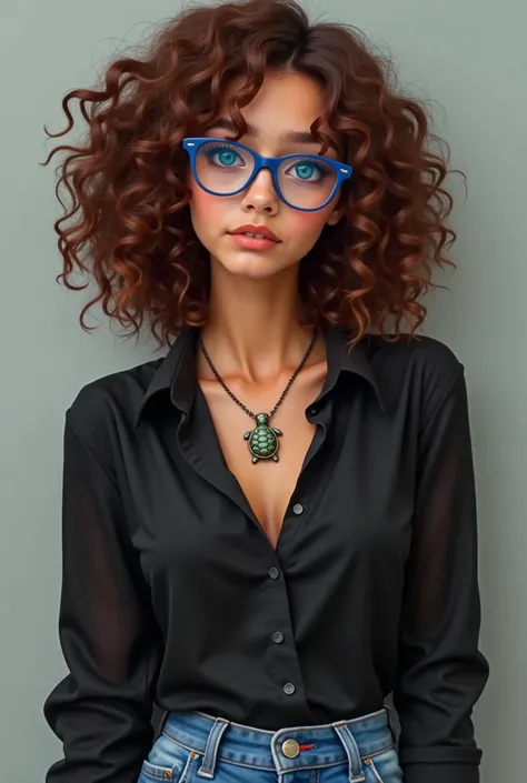  Brunette Girl, 3C medium curly hair ,  with blue glasses , black blouse,  necklace with tortoise cat charm,  Blue jeans,  height 1,62 meters, medium build 