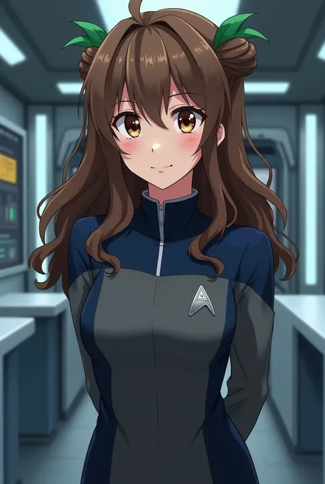  anime style. Remove hair accessories . girl, 18 years old.  Long wavy brown hair with green locks tied in a bun.  brown eyes .  Slight smile. Star Trek cadet . dark gray clothes,  with the upper part between the two shoulders and on the blue neck .  Insig...