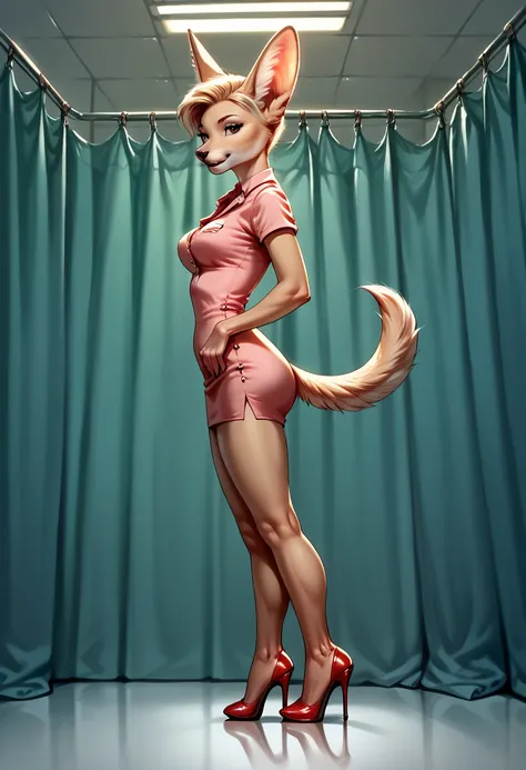 furry fennec , Female, mini dress, high heels, side view, lecherous look, 1 Female, Near angle, short haircut, doctor, hospital, detailed background