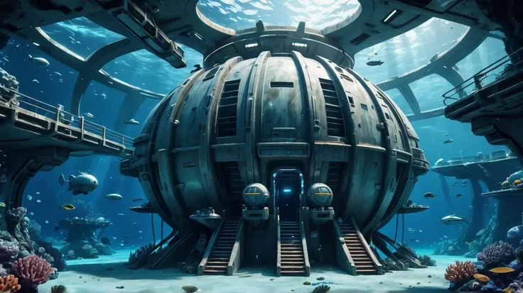 An underwater big military futuristic outpost under the ocean. Inside of the outpost is visible.